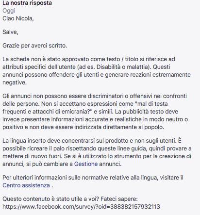 Risposta di Facebook ad una inserzione bloccata